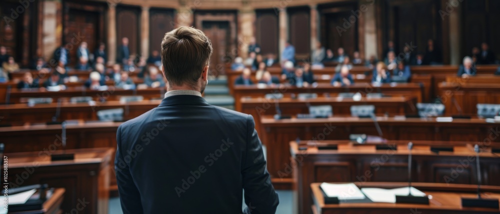 A man stands confidently at a podium, addressing an attentive assembly in a grand, wood-paneled chamber. The atmosphere is formal and engaging. A man stands confidently at a podium, addressing an attentive assembly in a grand, wood-paneled chamber. The atmosphere is formal and engaging.