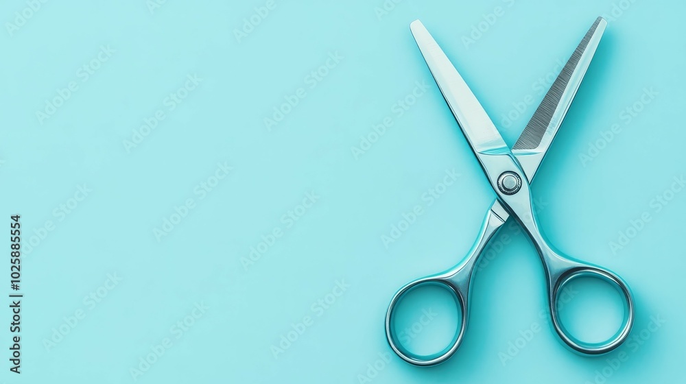 Shiny scissors on a blue background.