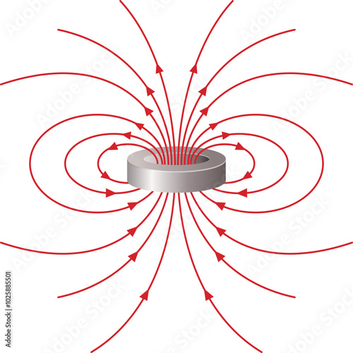 Disc magnet with magnetic field lines. Vector color illustration.