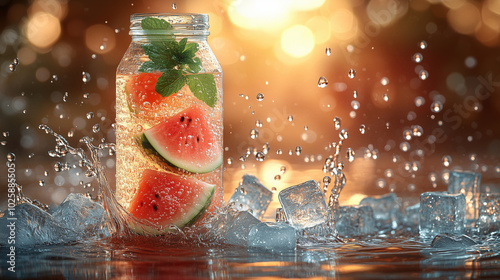 A watermelon drink and watermelons in the background photo