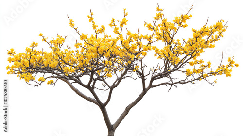 Yellow flowered tree, white isolated background