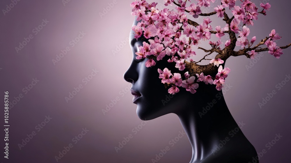 Serene Bloom: A woman's profile is adorned with a blossoming cherry tree, symbolizing inner peace and the beauty of nature's renewal. Serene Bloom: A woman's profile is adorned with a blossoming cherry tree, symbolizing inner peace and the beauty of nature's renewal.