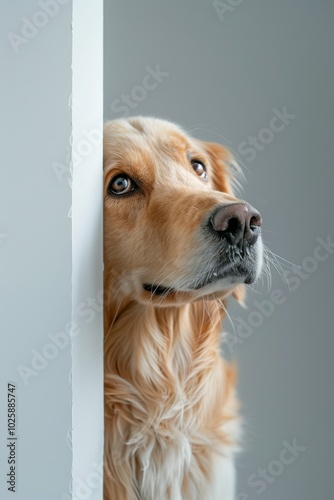 golden retriever peeking around the corner, neutral soft-white background. ai generated