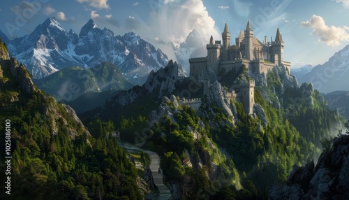 Majestic castle on mountain surrounded by peaks and mist 