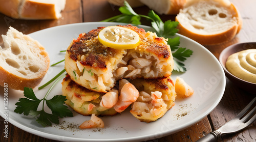 A plate featuring a delicious Maryland crab cake, beautifully presented and ready to be enjoyed.

