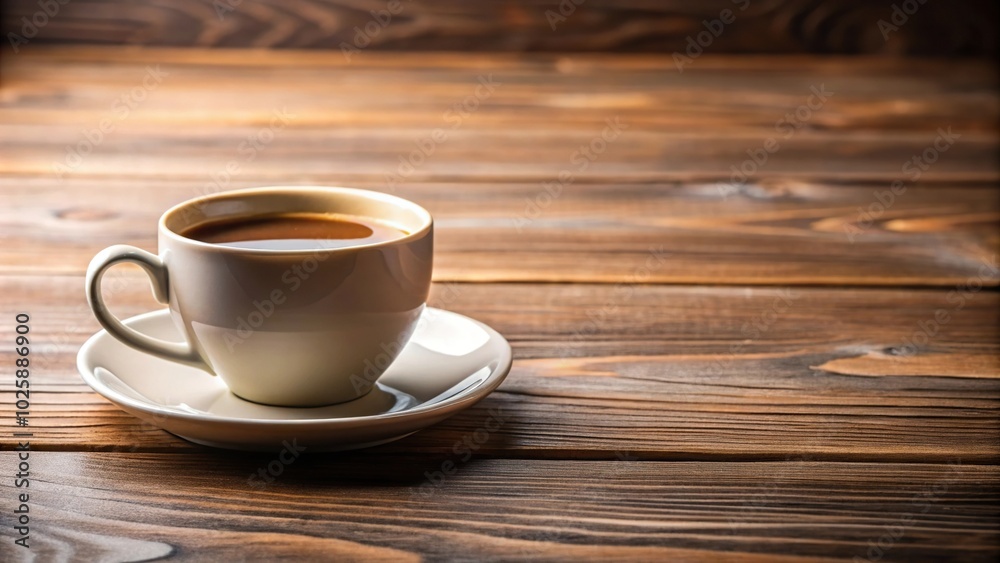 Coffee cup and saucer resting on tableware on wooden table with copy space Coffee cup and saucer resting on tableware on wooden table with copy space