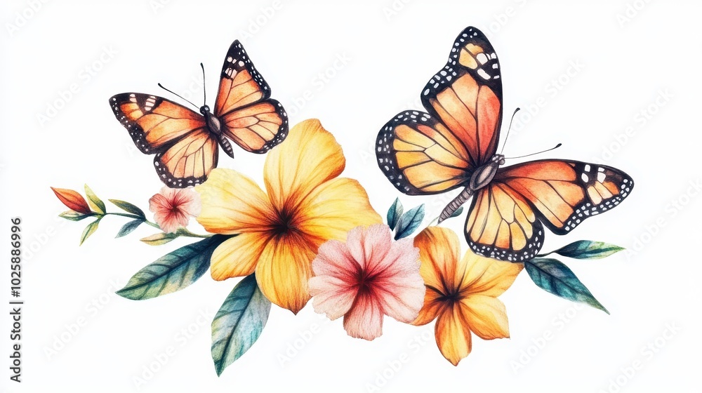 Obraz premium Vibrant butterflies flutter above colorful tropical flowers in a serene setting.