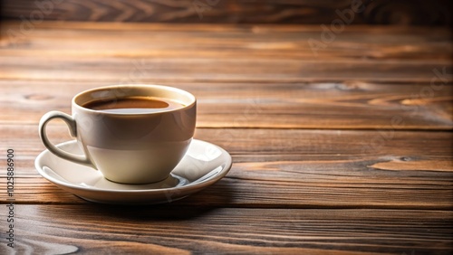 Coffee cup and saucer resting on tableware on wooden table with copy space