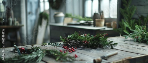 A minimalist yet festive tabletop adorned with green branches and clusters of red berries, lit by diffused natural light.