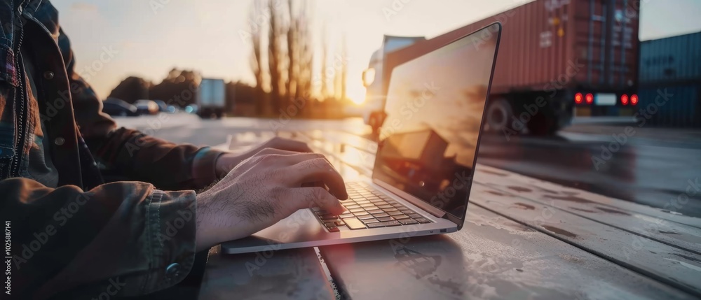 Fingers tap away on a laptop atop a rustic table amid the lively activity of a transport yard, as the sun sets behind towering cargo containers. Fingers tap away on a laptop atop a rustic table amid the lively activity of a transport yard, as the sun sets behind towering cargo containers.