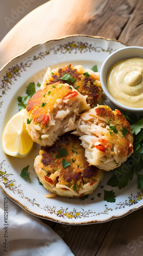 A plate featuring a delicious Maryland crab cake, beautifully presented and ready to be enjoyed.
 photo