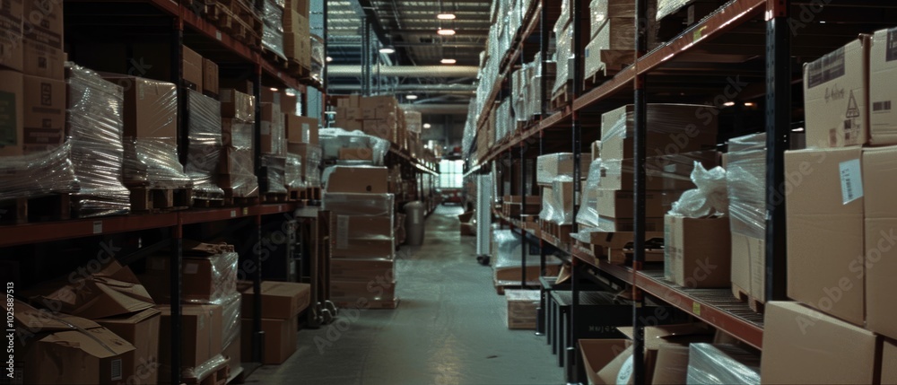 A spacious, dimly lit warehouse filled with stacks of cardboard boxes on metal shelves, stretching into the distance. A spacious, dimly lit warehouse filled with stacks of cardboard boxes on metal shelves, stretching into the distance.