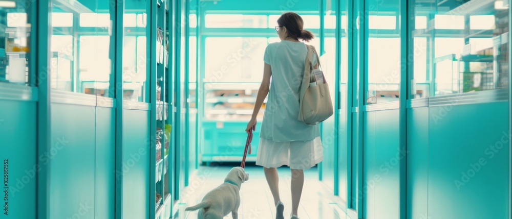 A woman walks calmly with her dog through a serene, turquoise corridor, exuding a tranquil and dreamlike ambiance. A woman walks calmly with her dog through a serene, turquoise corridor, exuding a tranquil and dreamlike ambiance.