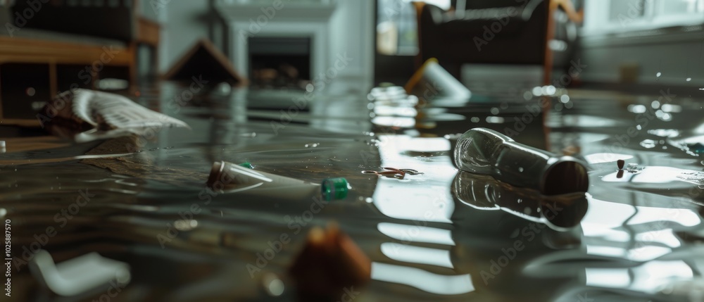 Obraz premium An indoor flood scene reveals various everyday objects floating in water, illustrating a surreal disruption of normalcy and domestic life.