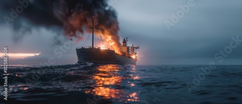 A ship on fire cuts through the ocean at dusk, contrasting vividly with the calm water and evoking a sense of both beauty and destruction.