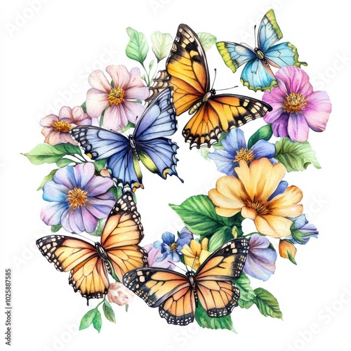 Vibrant butterflies and colorful flowers create a captivating circle of nature's beauty.