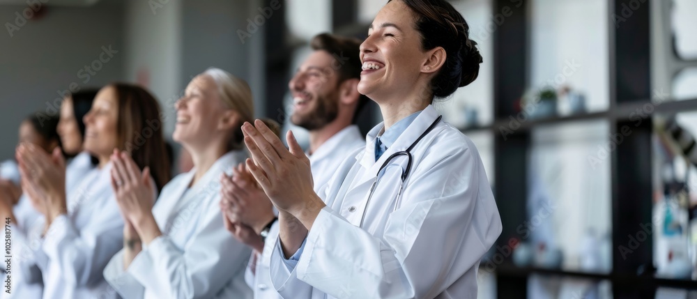 Fototapeta premium Medical professionals in lab coats applaud in unison, exuding pride and joy, reflecting a moment of communal triumph in the healthcare field.