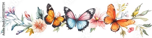 Watercolor painting of vibrant butterflies and delicate flowers in harmony.