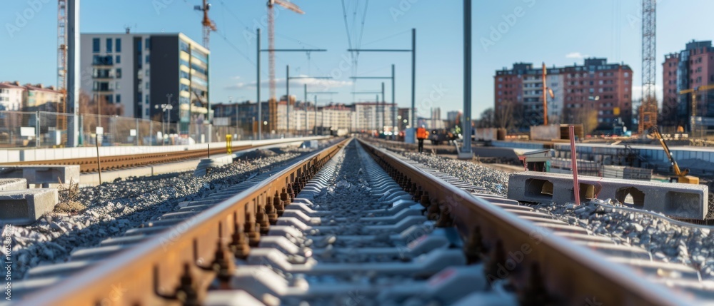 Railroad tracks merge towards an urban skyline under a sunny sky, showcasing technological advancement amidst the blending of steel and city life. Railroad tracks merge towards an urban skyline under a sunny sky, showcasing technological advancement amidst the blending of steel and city life.