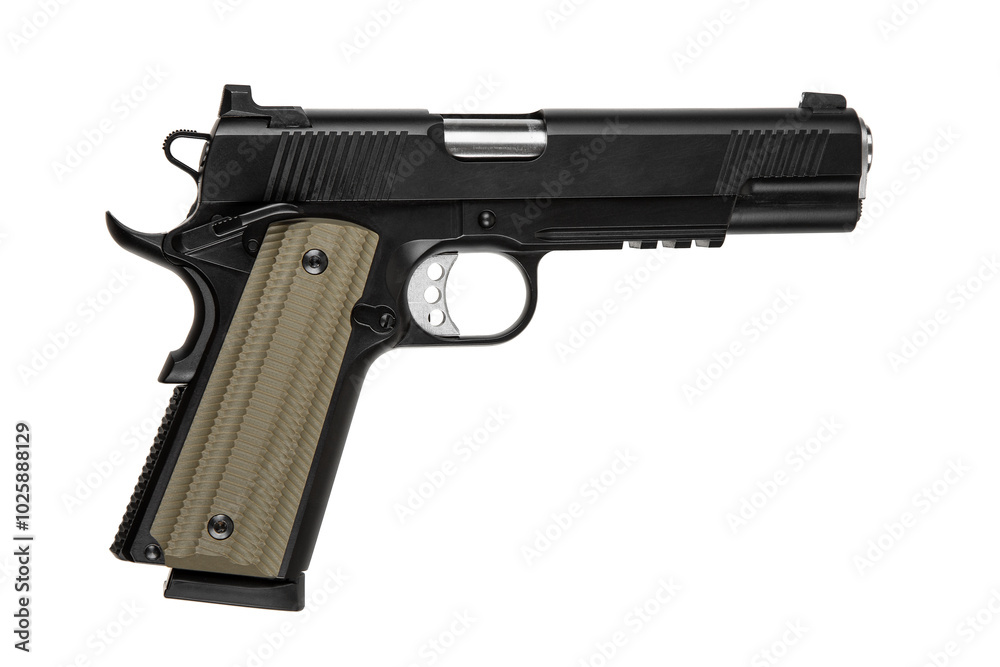 Modern semi-automatic pistol isolate on a white background. Armament for the army and police. Short-barreled weapon Modern semi-automatic pistol isolate on a white background. Armament for the army and police. Short-barreled weapon