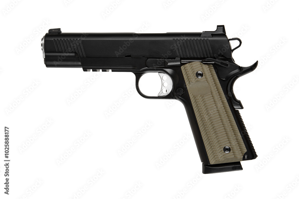 Modern semi-automatic pistol isolate on a white background. Armament for the army and police. Short-barreled weapon Modern semi-automatic pistol isolate on a white background. Armament for the army and police. Short-barreled weapon