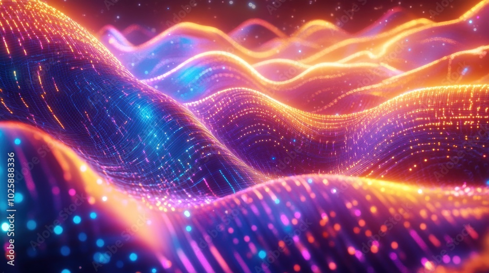 Fototapeta premium Abstract digital landscape with glowing waves and particles.