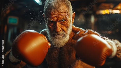 Older man boxing in a gym, practicing his punches with a determined look on his face Stock Photo with side copy space