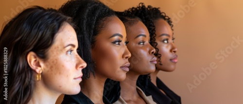 Four women of diverse backgrounds stand in profile against a warm background, exuding confidence and unity.