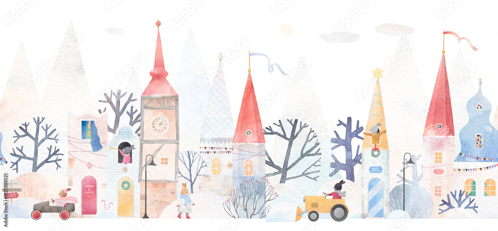 Snow-covered city. Fairy-tale houses in the winter forest. City of bunnies. Watercolor illustration for a children's room. Winter postcard. Seamless pattern.