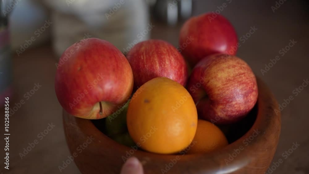 ripe red apples in wooden bowl on kitchen table ripe red apples in wooden bowl on kitchen table