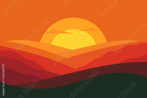 Stunning sunset over rolling hills vector artwork, perfect for creating serene screen backgrounds. Ideal for nature, landscape, and scenic illustration designs.