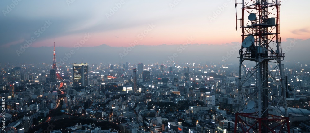 As dusk descends, a sprawling cityscape awakens with twinkling lights and prominent communication towers under a serene sky. As dusk descends, a sprawling cityscape awakens with twinkling lights and prominent communication towers under a serene sky.