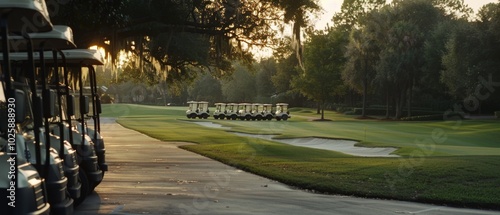 Idyllic golf course at sunrise, lined with parked golf carts casting long shadows on the path. photo