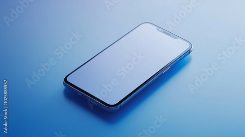 A modern smartphone lies on a blue surface with a blank screen.