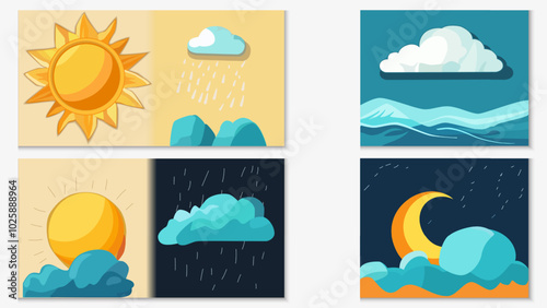 Set collection of cartoon set of weather elements cards Neo-Expressionism style on white background.  Vector Illustration