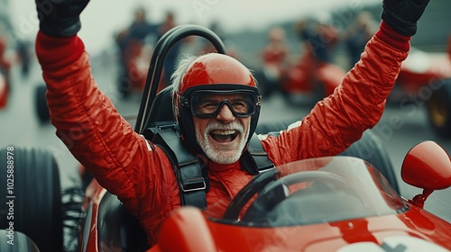 Elderly race car driver celebrating after finishing a race with pride and energy Stock Photo with side copy space photo