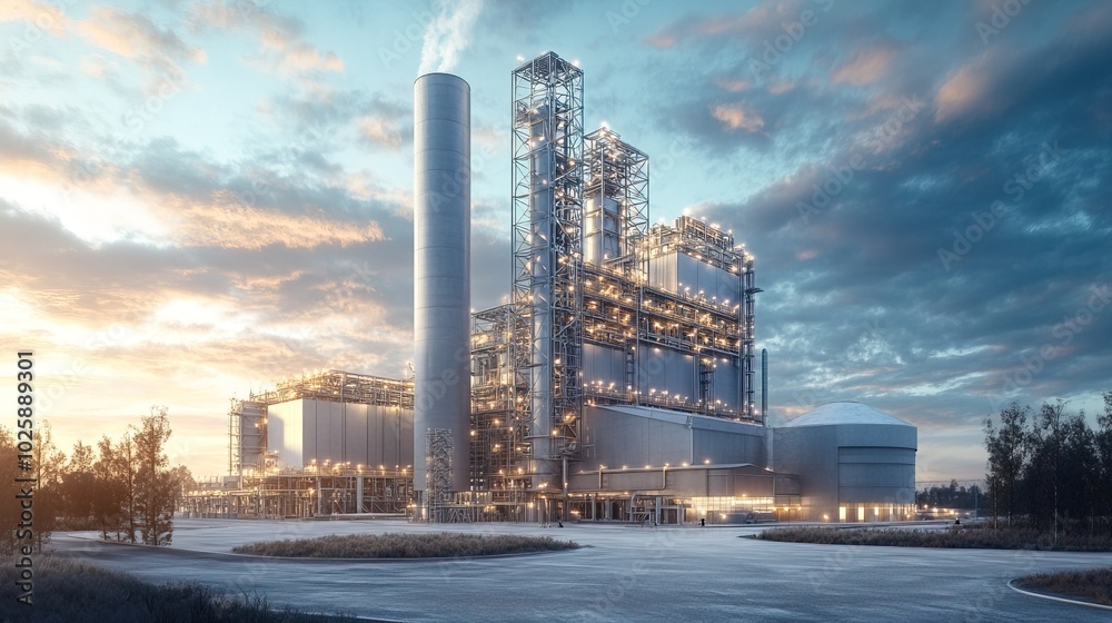 Obraz premium High-tech cement plant with digital and sustainability elements overlaying
