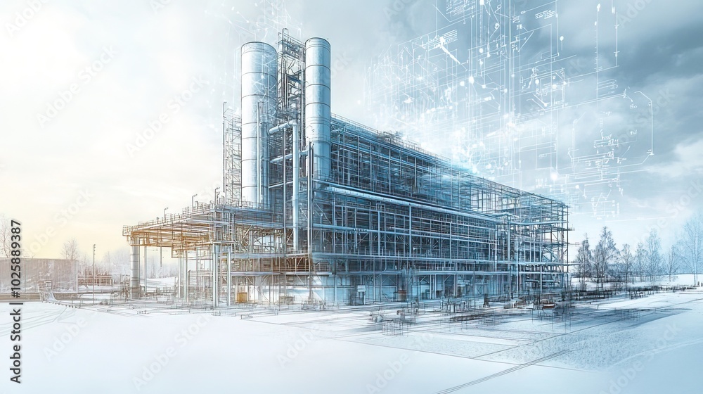 Obraz premium High-tech cement plant with digital and sustainability elements overlaying 