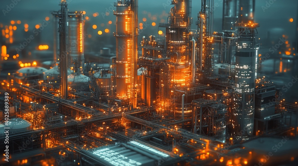 Fototapeta premium High-tech cement plant with digital and sustainability elements overlaying 