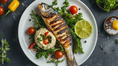 Grilled fish with hummus, cherry tomatoes, lime, and arugula on a white plate.