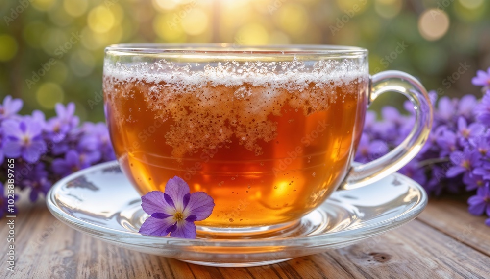 Close-up of a cup filled with lavender tea and a saucer with lavender flower on a simple surface with nature in the background Close-up of a cup filled with lavender tea and a saucer with lavender flower on a simple surface with nature in the background