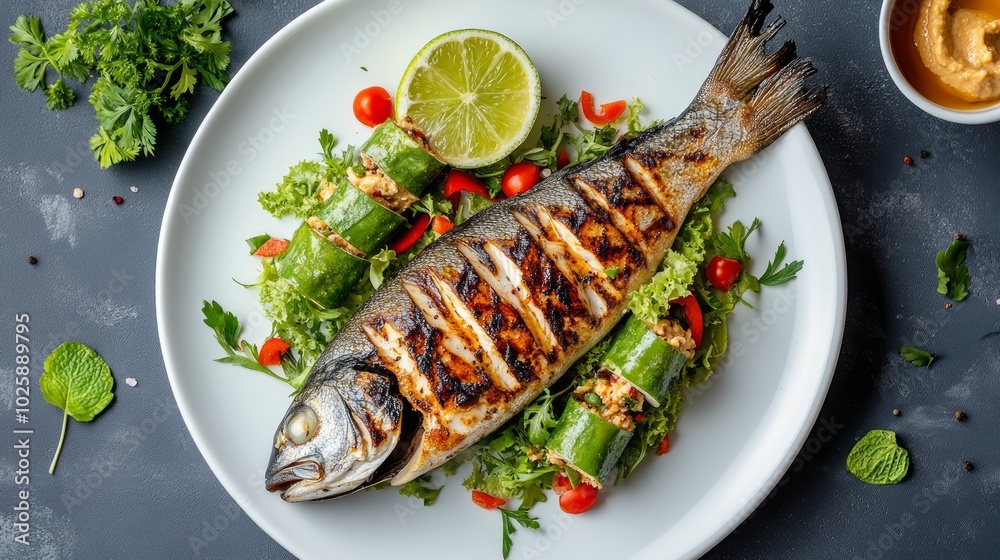 Grilled fish with stuffed pepper, cherry tomatoes, lime and greens on a white plate. Grilled fish with stuffed pepper, cherry tomatoes, lime and greens on a white plate.