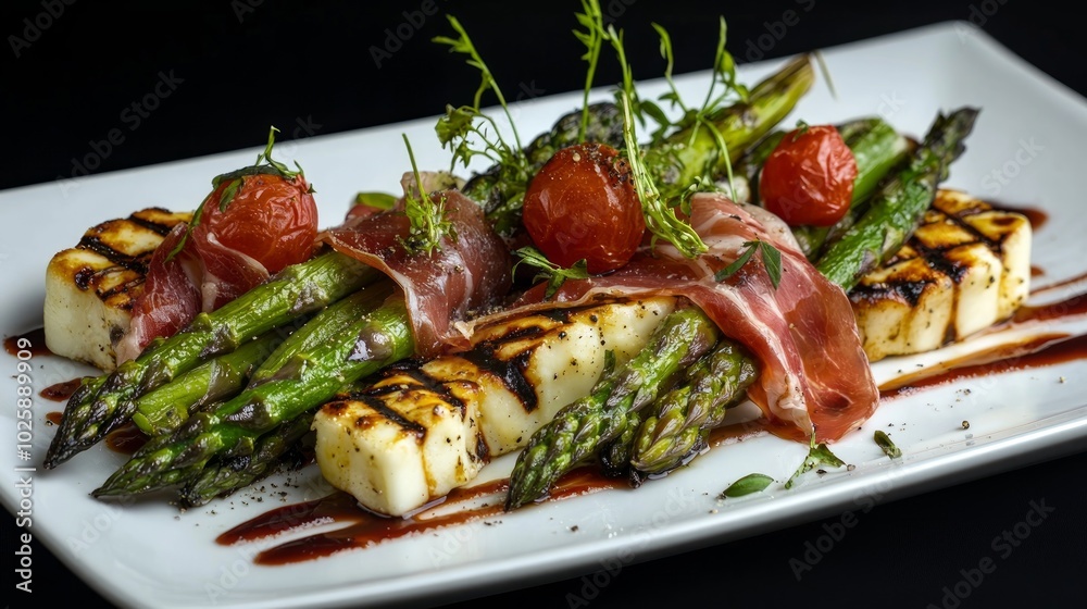 Grilled halloumi cheese with asparagus, prosciutto, and cherry tomatoes on a white plate. Grilled halloumi cheese with asparagus, prosciutto, and cherry tomatoes on a white plate.