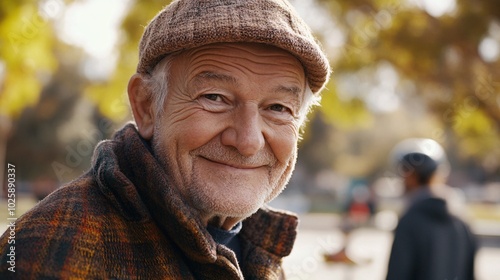 Elderly skateboarder preparing for a drop-in at a skate park surrounded by other skaters Stock Photo with side copy space