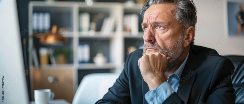 A thoughtful man, dressed in a suit, gazes intently out of a modern office window, deep in contemplation amidst stylish, blurred shelves. A thoughtful man, dressed in a suit, gazes intently out of a modern office window, deep in contemplation amidst stylish, blurred shelves.