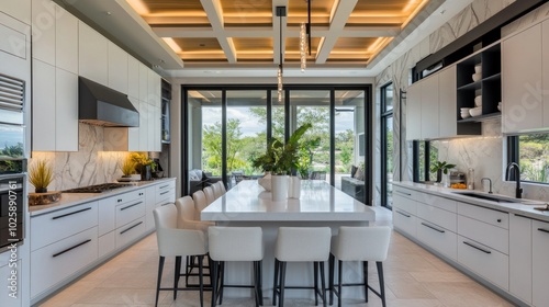 Modern kitchen with sleek design, large island, and abundant natural light.