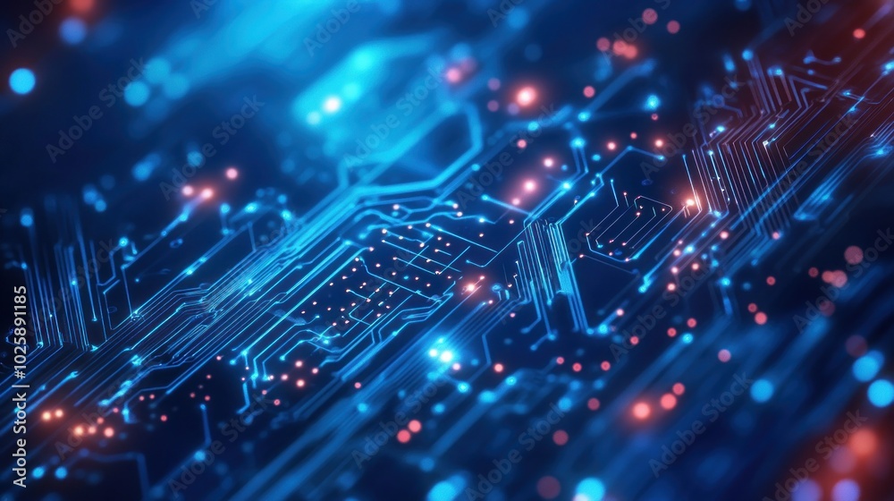 Abstract representation of a circuit board with glowing lines and dots. Abstract representation of a circuit board with glowing lines and dots.