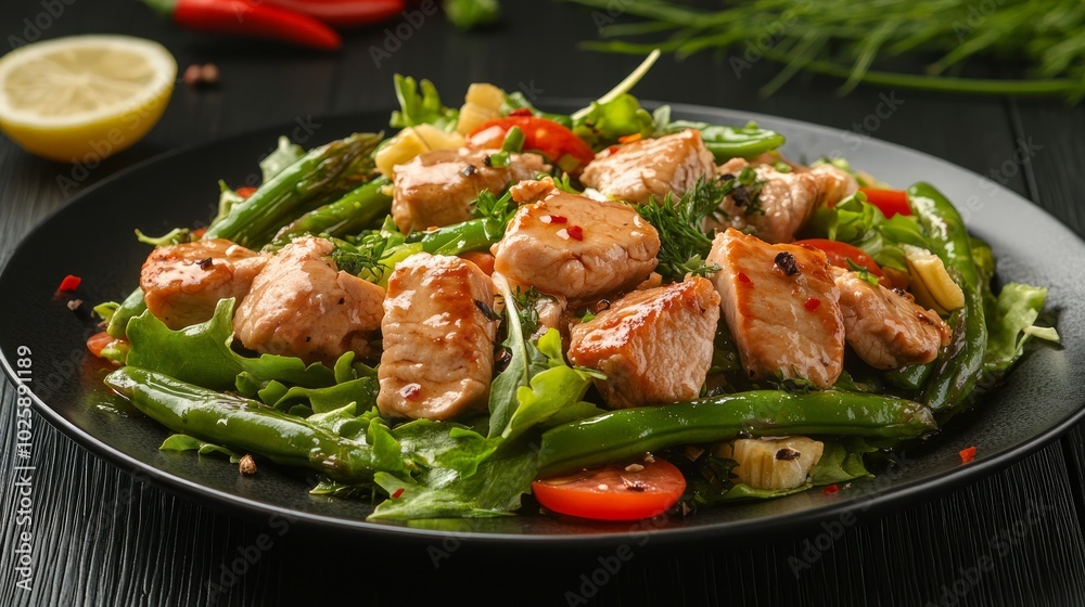 Grilled salmon salad with green beans, cherry tomatoes, and fresh herbs on a black plate. Grilled salmon salad with green beans, cherry tomatoes, and fresh herbs on a black plate.