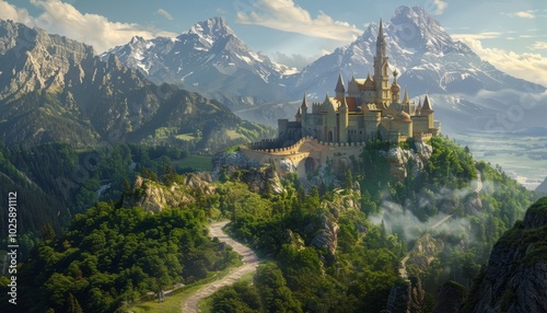 Majestic castle on mountain surrounded by peaks and mist 