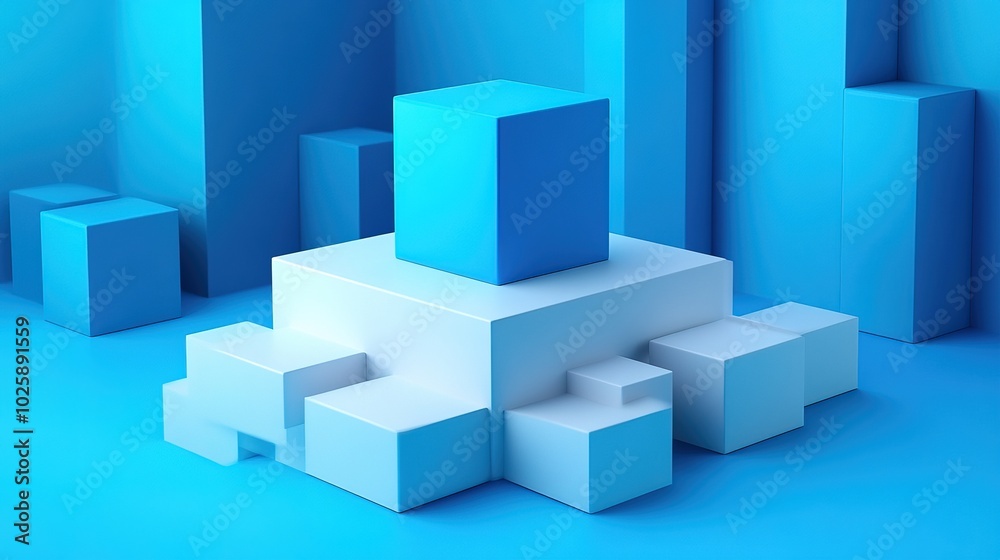 A blue cube stand out is placed on top of a white cube A blue cube stand out is placed on top of a white cube